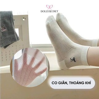 Set 5 Đôi Tất Nữ Cổ Ngắn DOLLY SECRET Tất Mỏng Thêu Nơ Mùa Hè Lưới Cotton Thoáng Khí T02