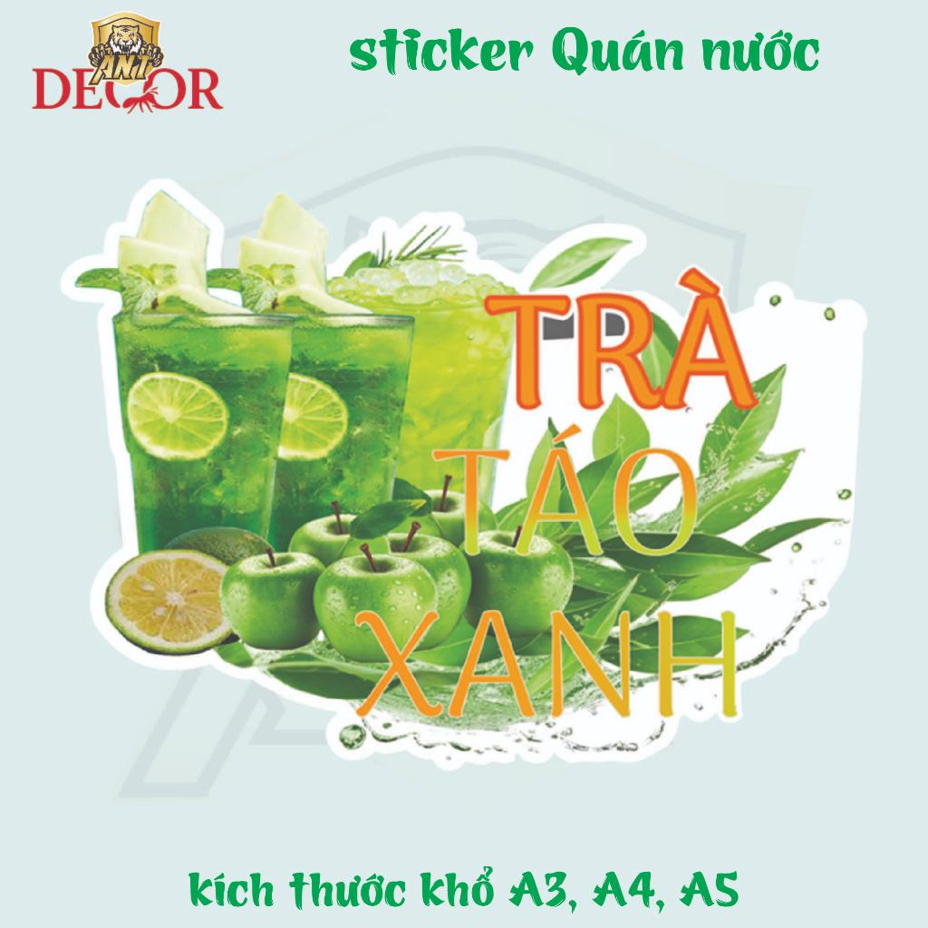 Decal Trà TÁO XANH – Nhãn Dán Trang Trí Quầy, Xe Nước Uống – Đẹp Mắt, Bền Màu, Chống Nước