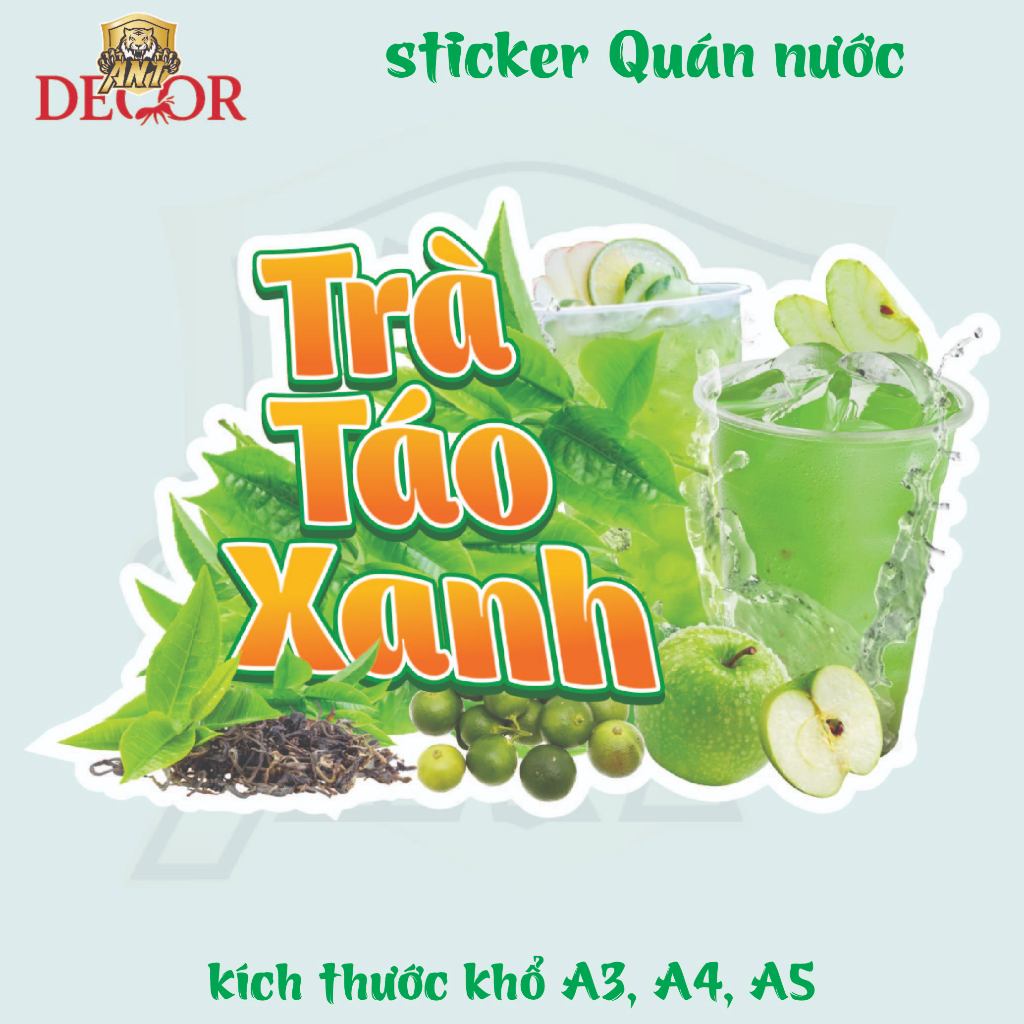 Decal Trà TÁO XANH – Nhãn Dán Trang Trí Quầy, Xe Nước Uống – Đẹp Mắt, Bền Màu, Chống Nước