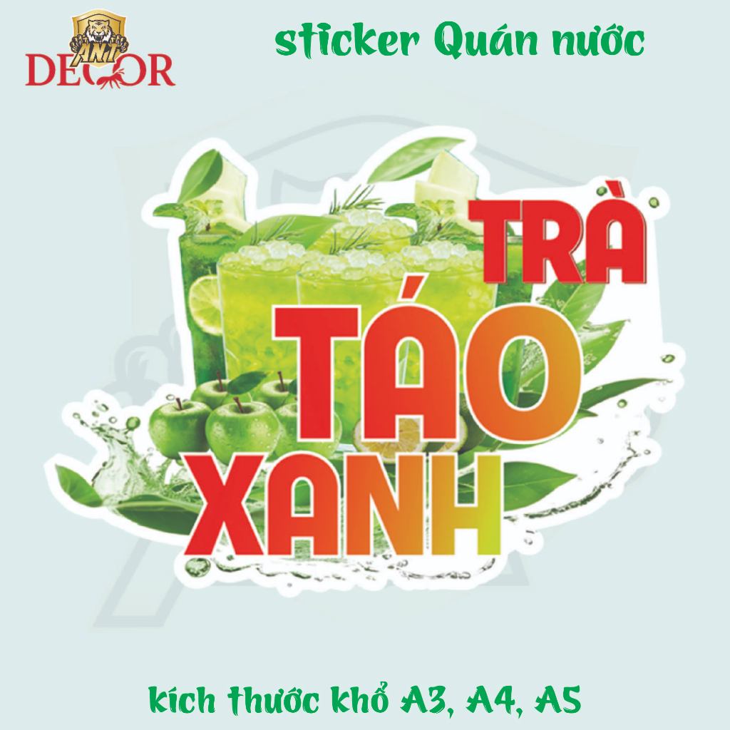 Decal Trà TÁO XANH – Nhãn Dán Trang Trí Quầy, Xe Nước Uống – Đẹp Mắt, Bền Màu, Chống Nước