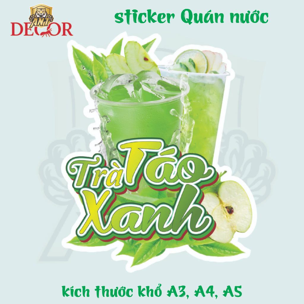 Decal Trà TÁO XANH – Nhãn Dán Trang Trí Quầy, Xe Nước Uống – Đẹp Mắt, Bền Màu, Chống Nước