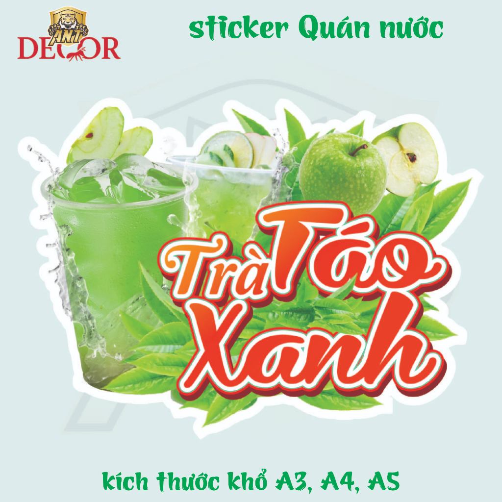Decal Trà TÁO XANH – Nhãn Dán Trang Trí Quầy, Xe Nước Uống – Đẹp Mắt, Bền Màu, Chống Nước
