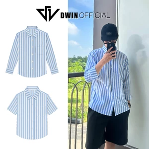 Áo sơ mi đi biển mùa hè nam nữ DWIN họa tiết kẻ sọc vải đũi form rộng local brand SM01A