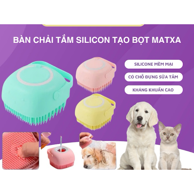 Bàn chải tắm silicon tạo bọt matxa có chỗ đựng sữa tắm cho thú cưng, Bông tắm cao cấp cho chó mèo kháng khuẩn cao