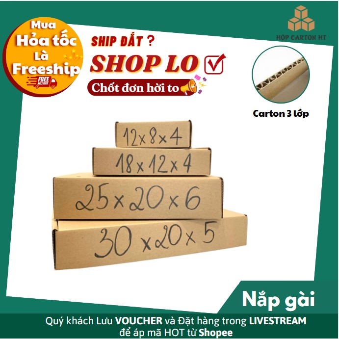 Combo 10 Hộp carton nắp gài nhiều size, hộp đóng hàng đầy đủ kích thước giá gốc tận xưởng - HT PLUS