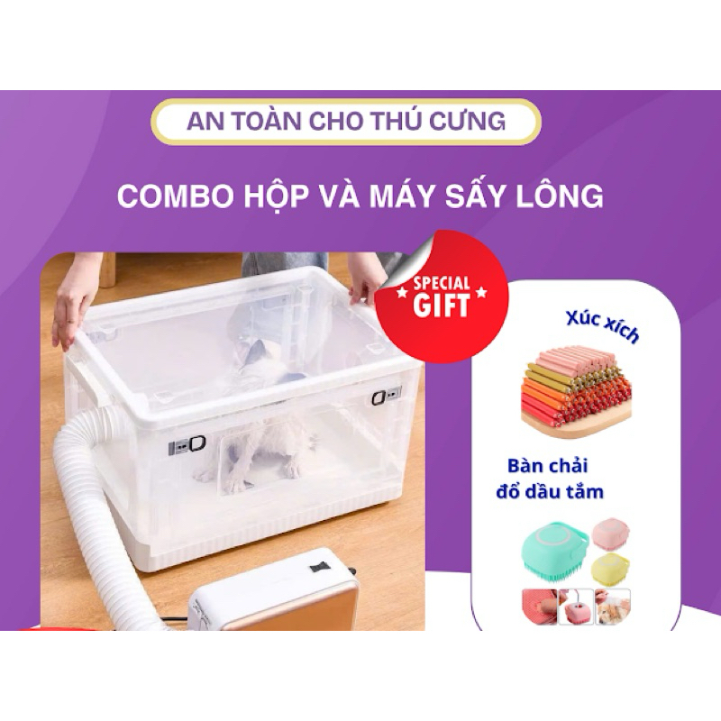 Combo máy sấy và hộp sấy lông chó mèo trong suốt đa năng tiện lợi