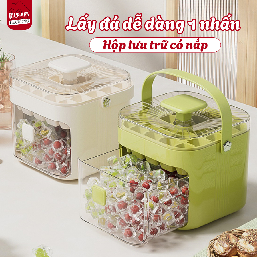 Hộp Khay Làm Đá Thông Minh Nhấn Nút Lấy Đá Dễ Dàng, Kèm Hộp Đựng 2 Tầng Có Tay Cầm Tiện Lợi