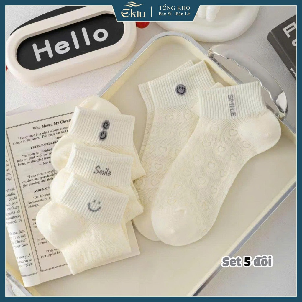 Tất vớ nữ set 5 đôi màu vàng nhạt họa tiết basic, chất liệu mềm mịn thoáng khí - Ekiu Shop