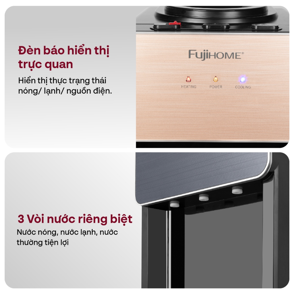 Cây nước nóng lạnh 2 chức năng Nhập Khẩu FUJIHOME WD675C, Cây nước làm lạnh sâu có ngăn chứa đồ