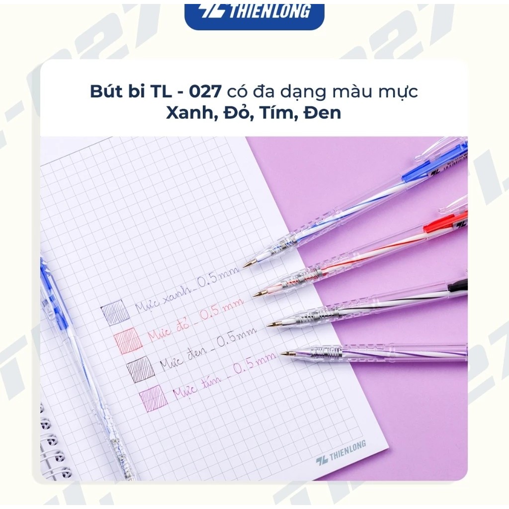 Combo 20 Bút bi Thiên Long TL-027 ngòi 0,5mm - Bút bi viết 4 màu mực xanh/ đỏ/ đen