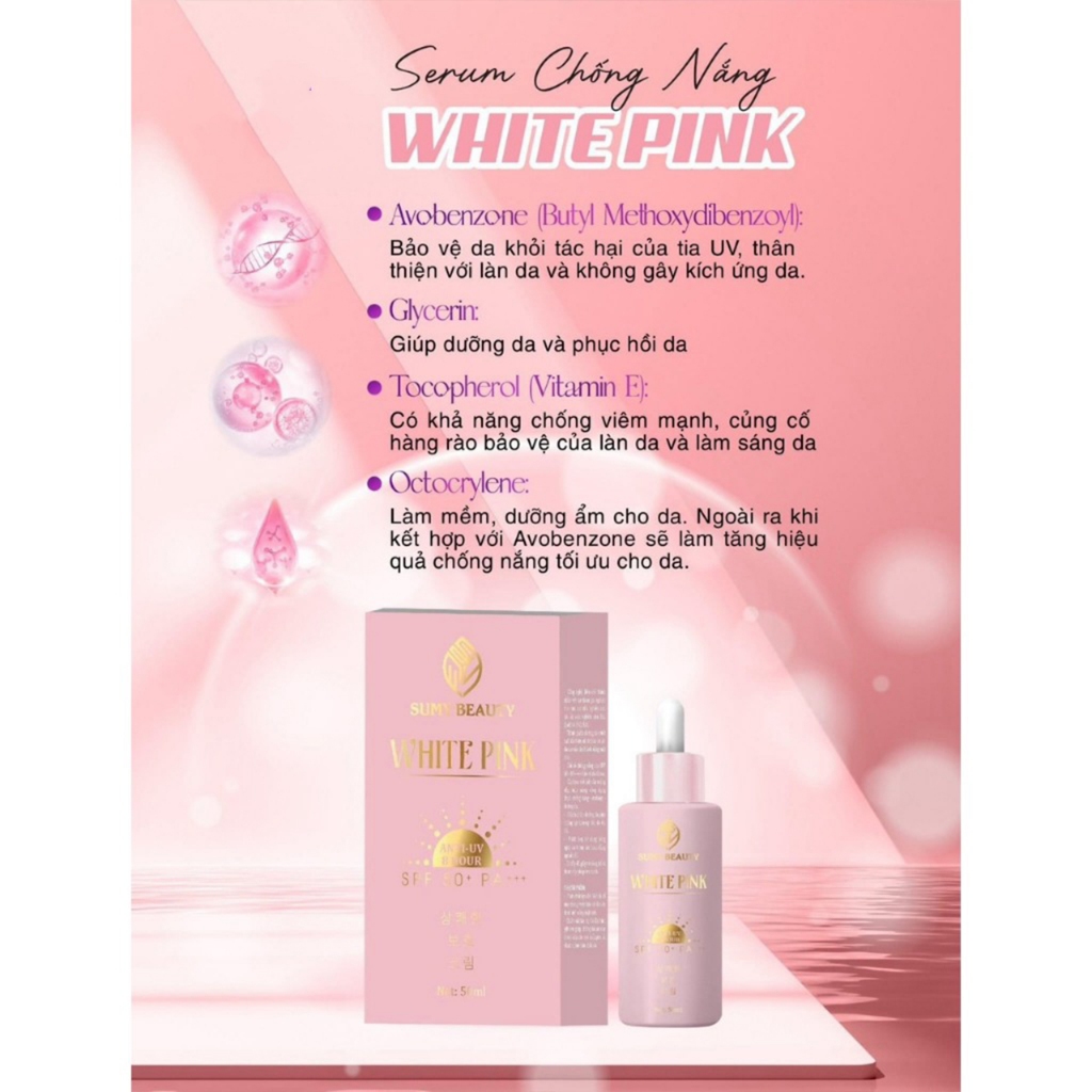 Serum Dưỡng Trắng Chống Nắng White Pink, Nâng Tone Da Sáng Mịn SPF50+/PA+++ ( Kèm Qùa)