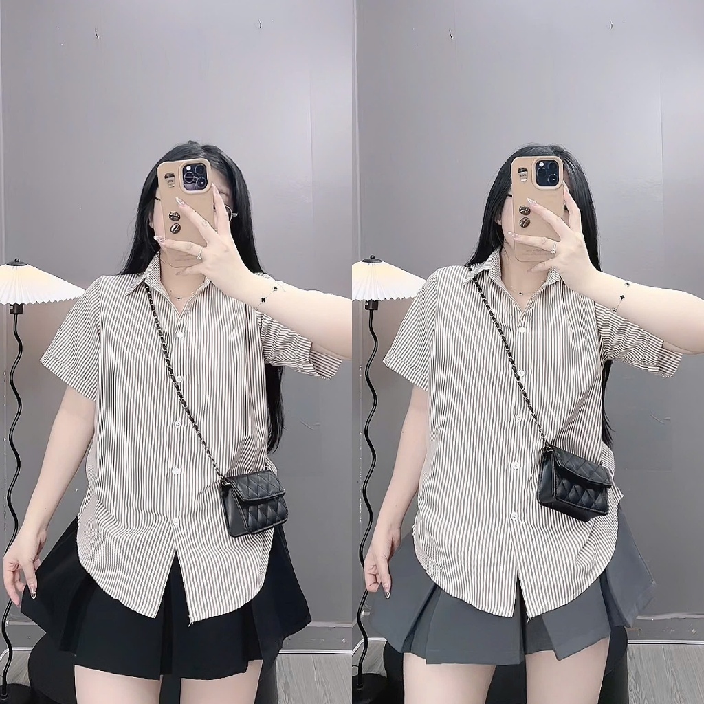 Áo Sơ Mi Kẻ Sọc Bigsize Nữ Tay Ngắn Phom Rộng Năng Động Thời Trang Đi Học Công Sở SM184