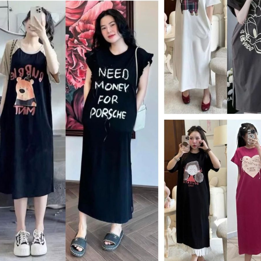 ( Nhiều mẫu) Đầm suông form rộng tay ngắn Váy thun dáng dài cộc tay nữ mặc nhà đi chơi cá tính bầu bigsize T1048G