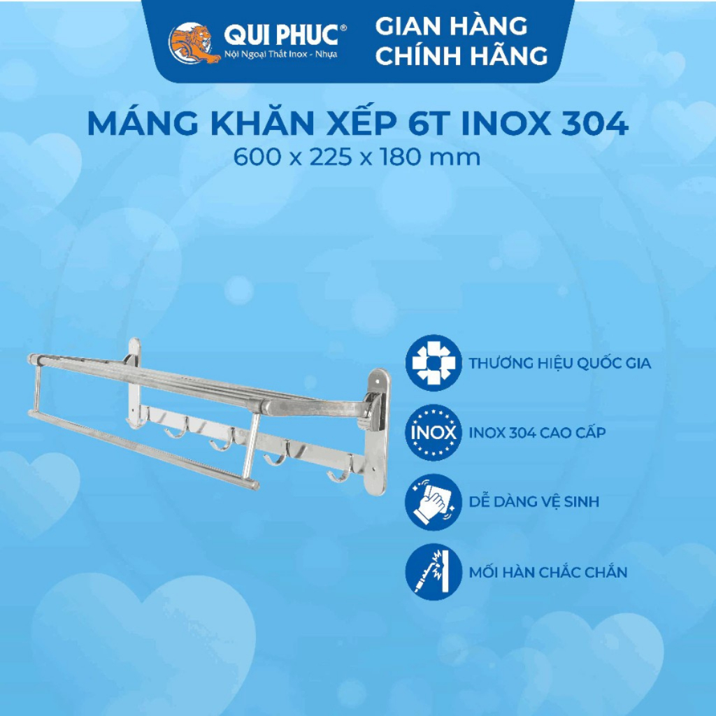 Máng Khăn Xếp DELI - Chính Hãng Qui Phúc - Inox 304 Không Gỉ - Có Móc Treo Tiện Lợi - Phụ Kiện Nhà Tắm