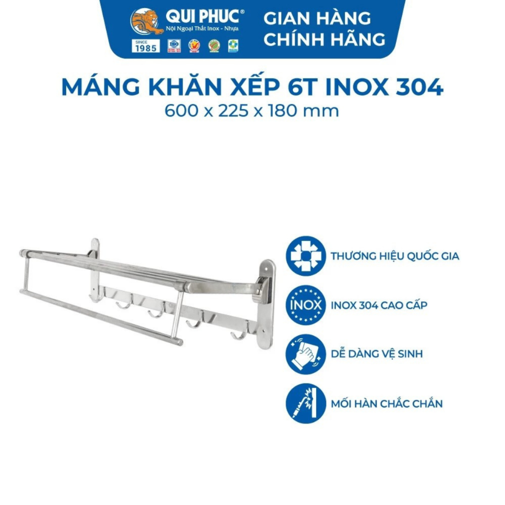 Máng Khăn Xếp DELI - Chính Hãng Qui Phúc - Inox 304 Không Gỉ - Có Móc Treo Tiện Lợi - Phụ Kiện Nhà Tắm
