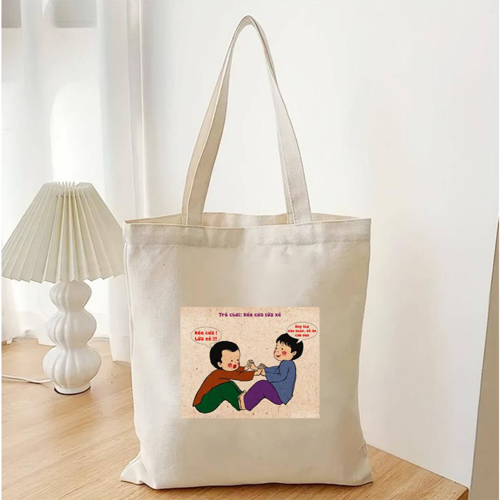 Túi tote IN HÌNH CÁC TRÒ CHƠI DÂN GIAN vui nhộn túi vải bố canvas nhiều hình đeo vai đi học, đi chơi 35x40cm tota099
