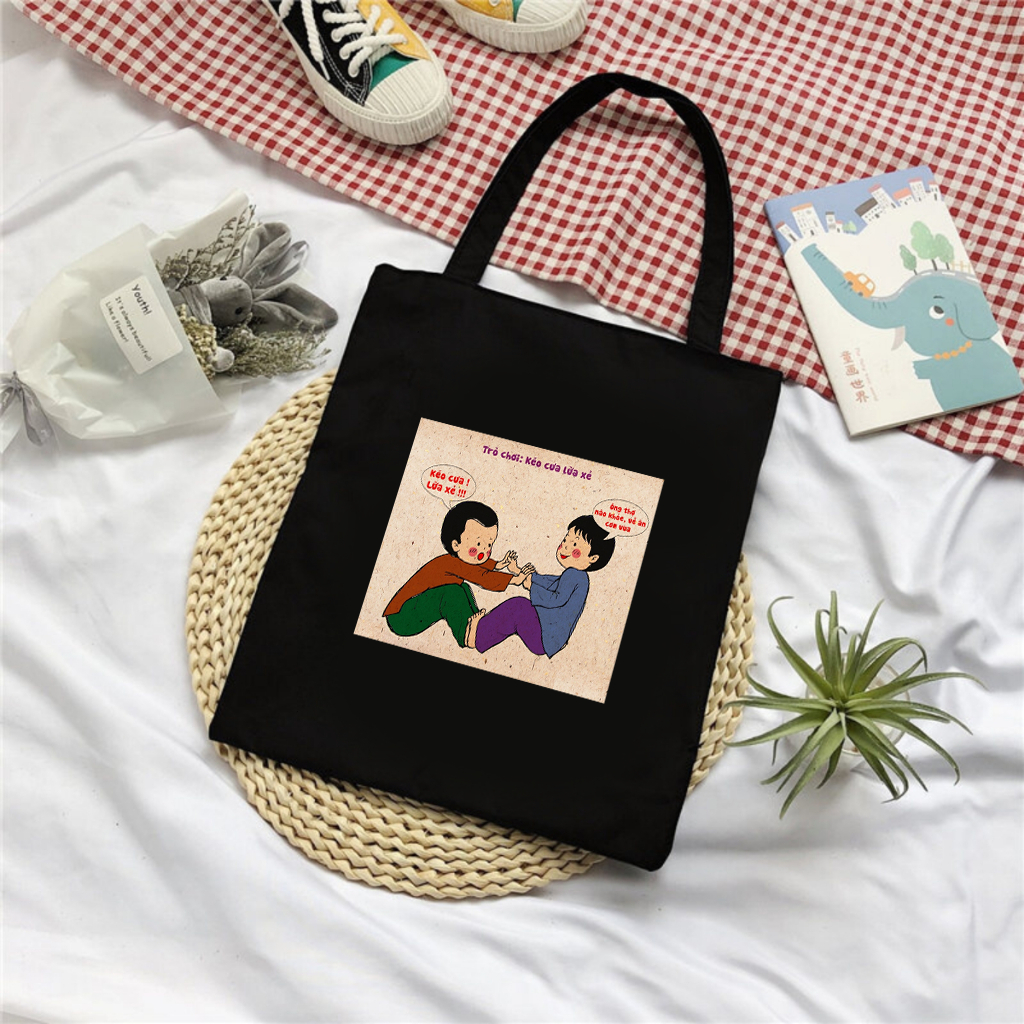 Túi tote IN HÌNH CÁC TRÒ CHƠI DÂN GIAN vui nhộn túi vải bố canvas nhiều hình đeo vai đi học, đi chơi 35x40cm tota099