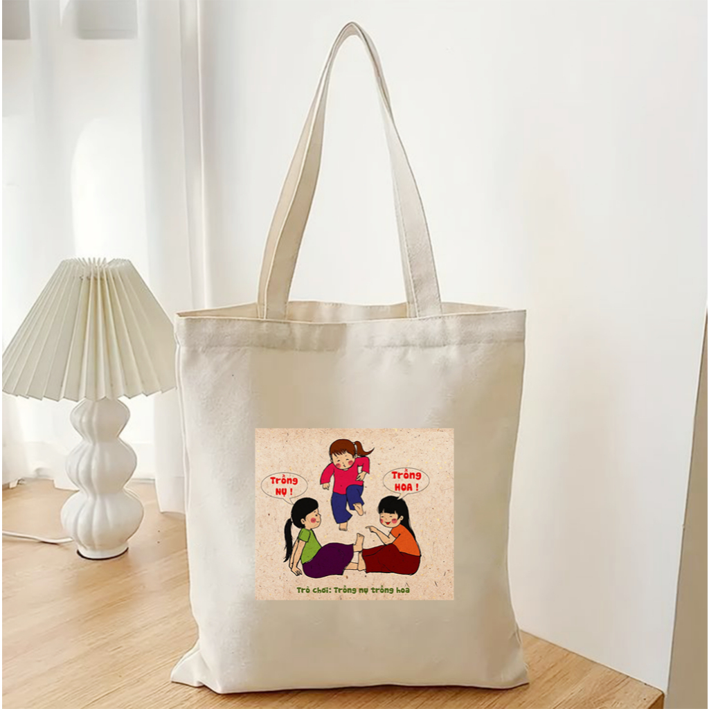 Túi tote IN HÌNH CÁC TRÒ CHƠI DÂN GIAN vui nhộn túi vải bố canvas nhiều hình đeo vai đi học, đi chơi 35x40cm tota099