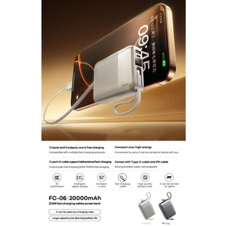 [Có 3C] Pin Dự Phòng REMAX FC-06 20000mAh tích hợp cáp TypeC 22.5W, LaiNing 12W, Thiết kế mini
