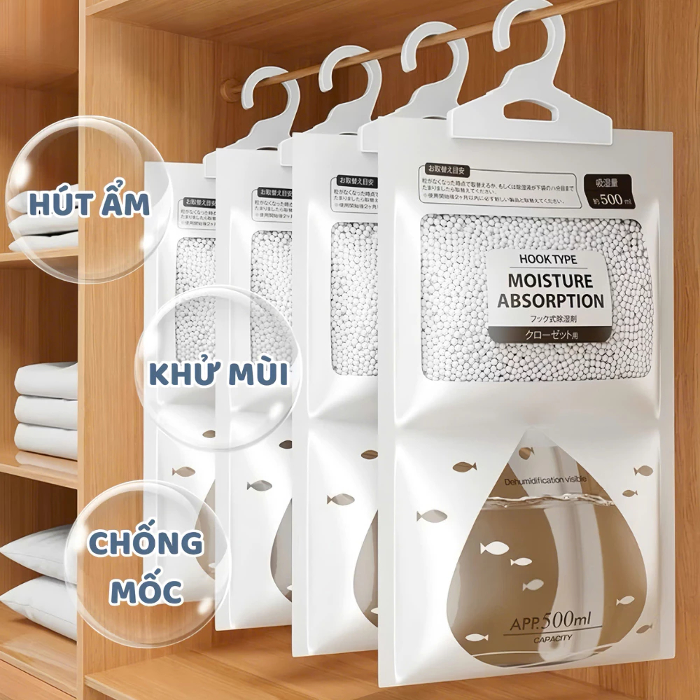 Túi Siêu Hút Ẩm Treo Tủ Quần Áo Khử Mùi Chống Mốc, Nồm, Ẩm 2 Ngăn Hút Ẩm Lên Tới 500ml