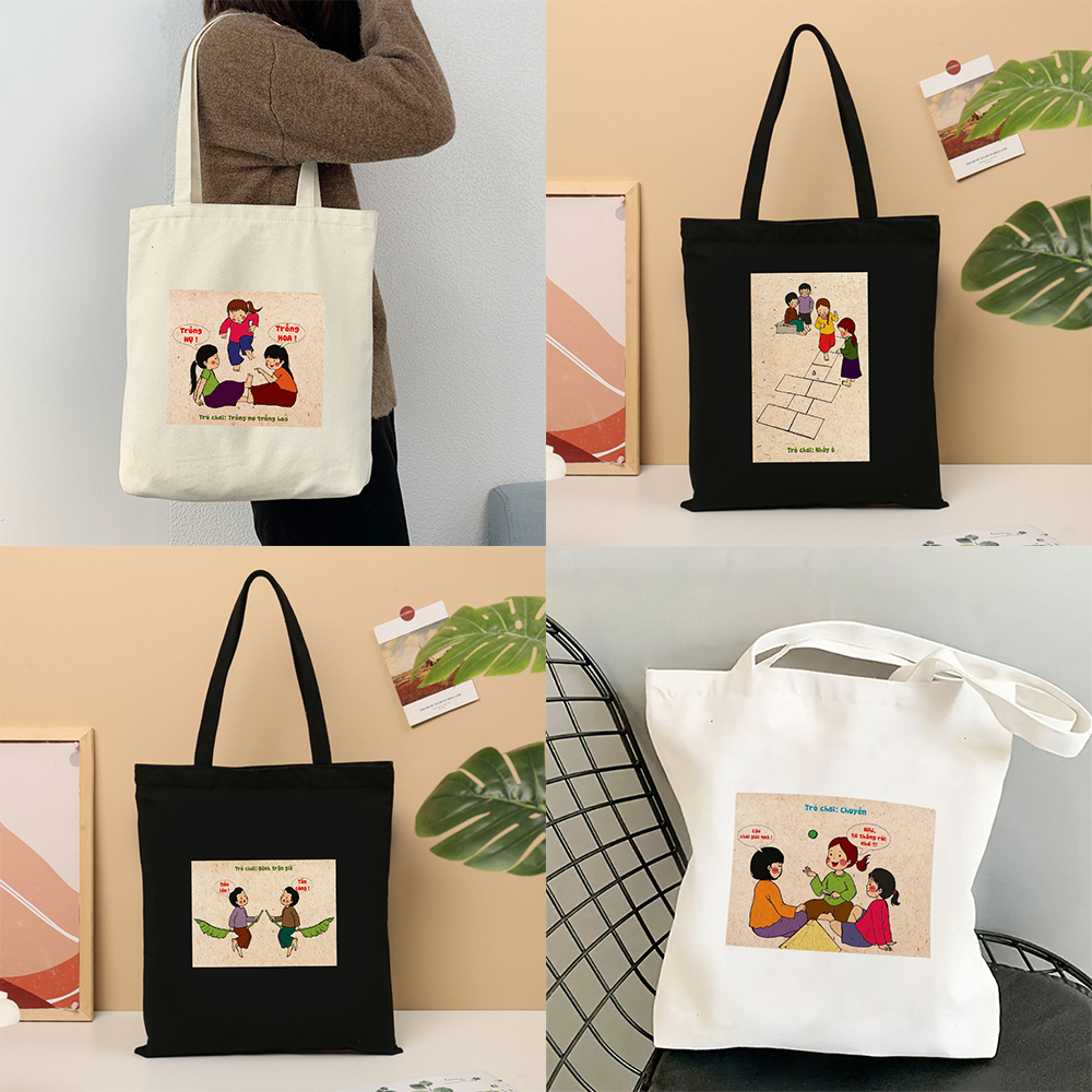 Túi tote IN HÌNH CÁC TRÒ CHƠI DÂN GIAN vui nhộn túi vải bố canvas nhiều hình đeo vai đi học, đi chơi 35x40cm tota099