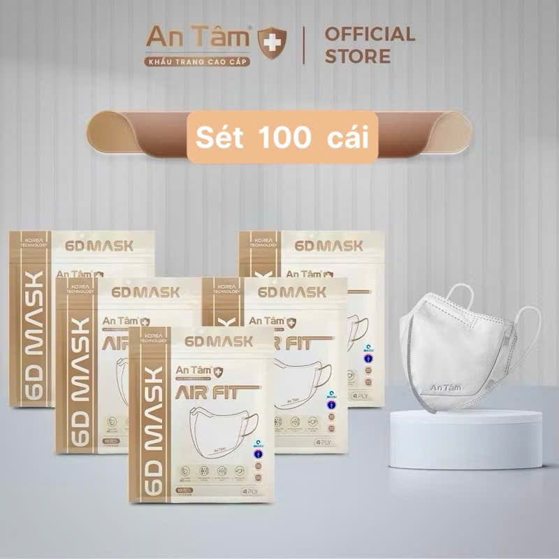 Combo 100 cái khẩu trang 6D An Tâm 4 lớp kháng khuẩn công nghệ Hàn Quốc size người lớn