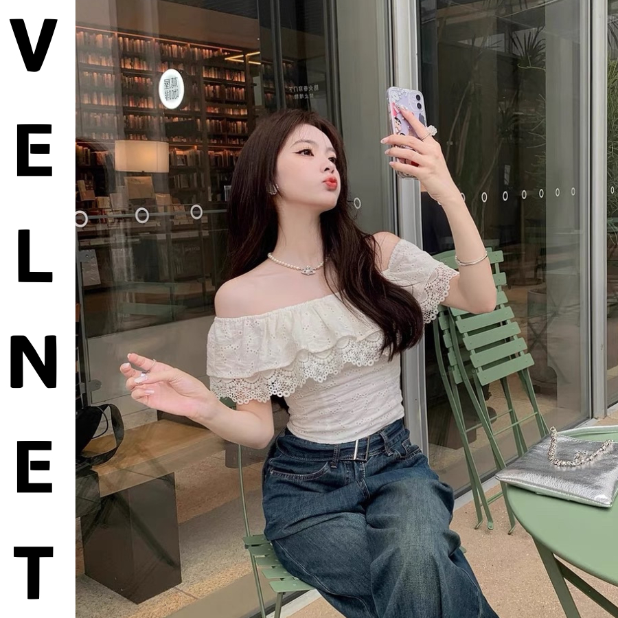 VELNET. Áo Ren Hoa Văn Chễ Vai Viền Ren Nổi. Chạy Chun Sau Lưng.33 ...