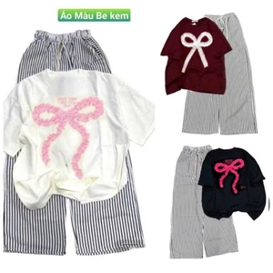 Sét bộ quần ống rộng kẻ sọc vằn Chất Đũi Xốp + mix áo phông unisex form rộng tay lỡ- nơ rúm
