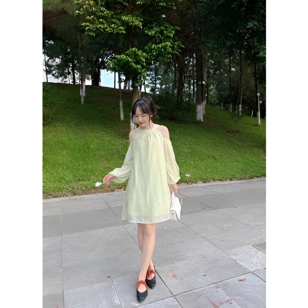 Váy cổ yếm hở vai tay dài bồng thắt dây nơ sau lưng Đầm babydoll trễ vai form rộng chất voan 2 lớp T115G