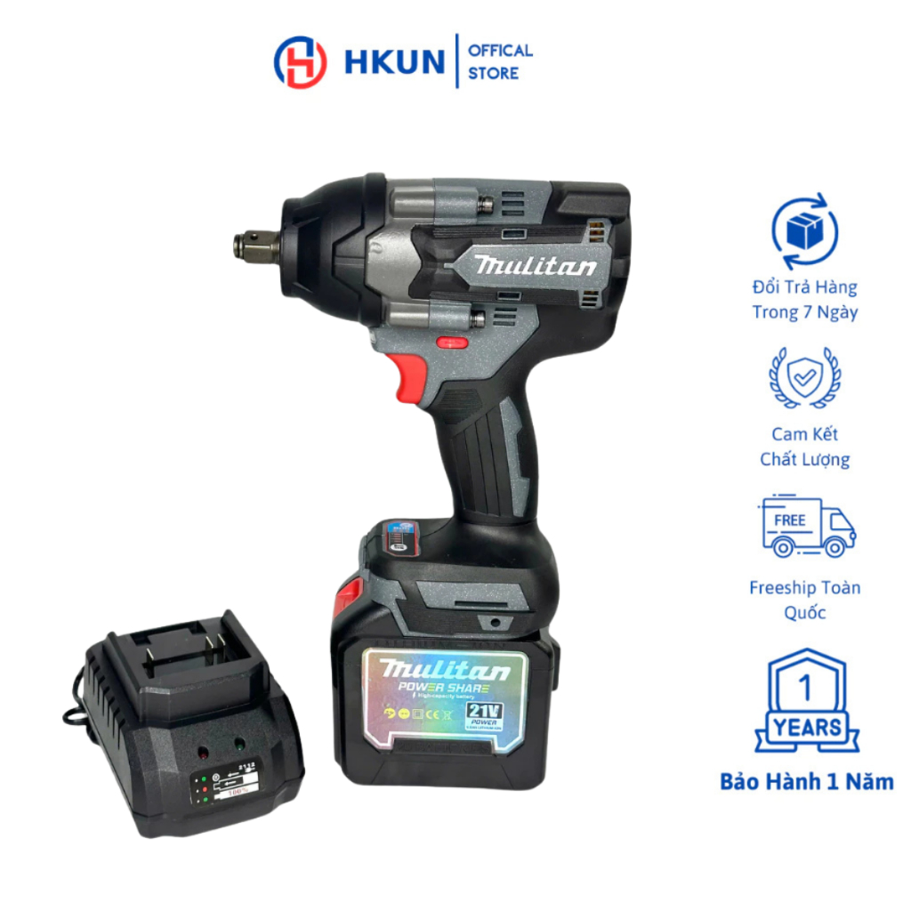 Máy Siết Bulong MULITAN M21V-1260, Lực siết 1260Nm, Động Cơ Lõi Đồng, Chân Pin Phổ Thông