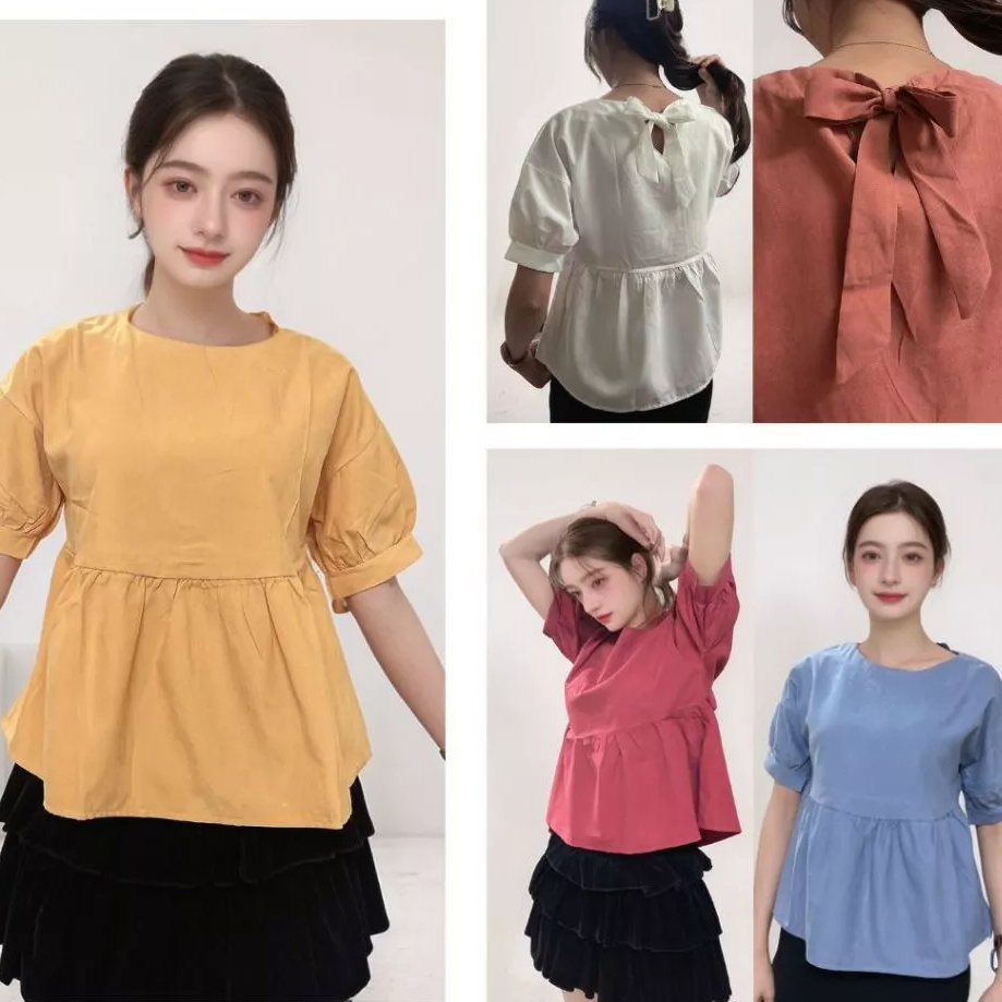 (Ảnh thật - nhiều màu) Áo sơ mi babydoll cộc tay buộc nơ sau dễ thương nhiều màu. Áo kiểu nữ cute baby doll T1025G