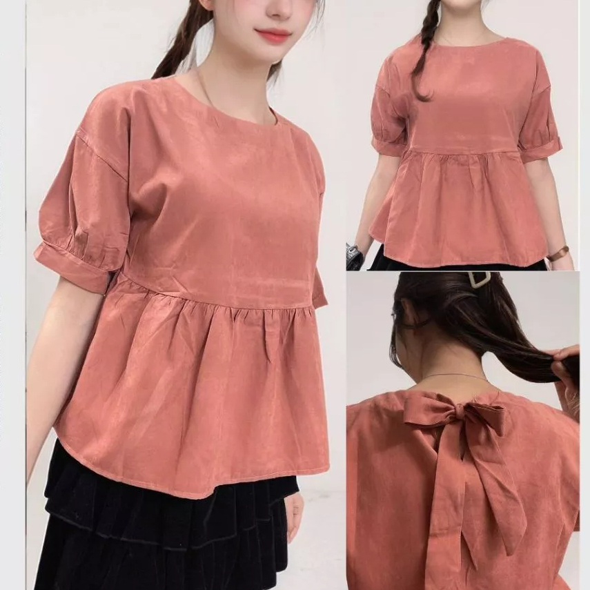 (Ảnh thật - nhiều màu) Áo sơ mi babydoll cộc tay buộc nơ sau dễ thương nhiều màu. Áo kiểu nữ cute baby doll T1025G