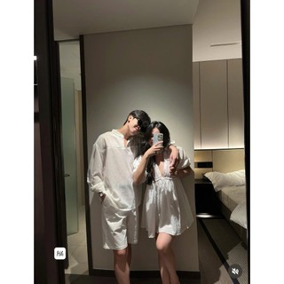 Set đồ đôi váy babydoll cổ chữ V nhún bèo xòe kèm áo thun nam cá tính năng động cho các cặp đi biển – BaoTrang.clothes