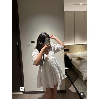 Set đồ đôi váy babydoll cổ chữ V nhún bèo xòe kèm áo thun nam cá tính năng động cho các cặp đi biển – BaoTrang.clothes