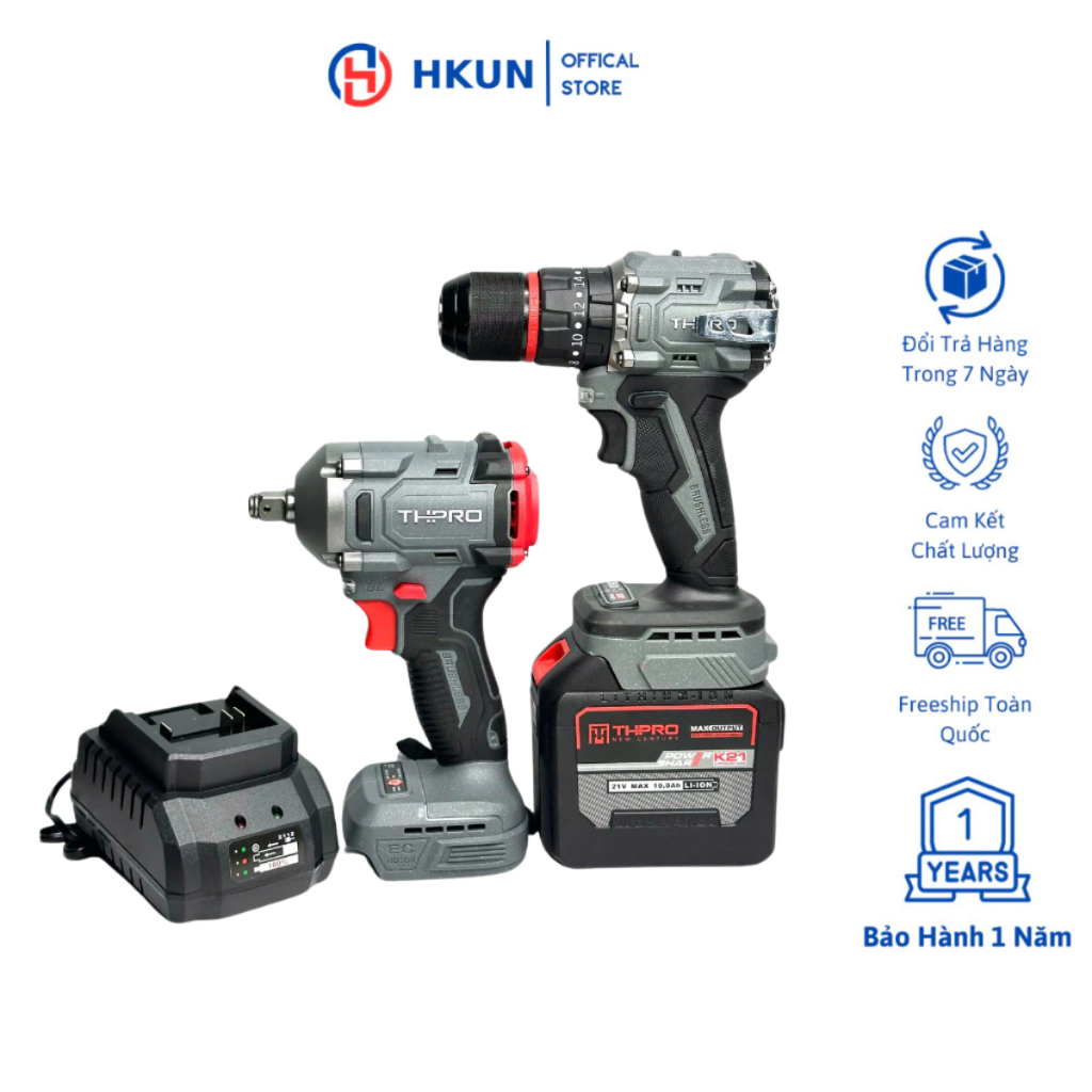 Combo Máy Khoan THPRO TH7721AK, Siết Bulong TH6360AK 1Pin 20Cell Sạc - Động Cơ Không Chổi Than, Chân Pin Phổ Thông