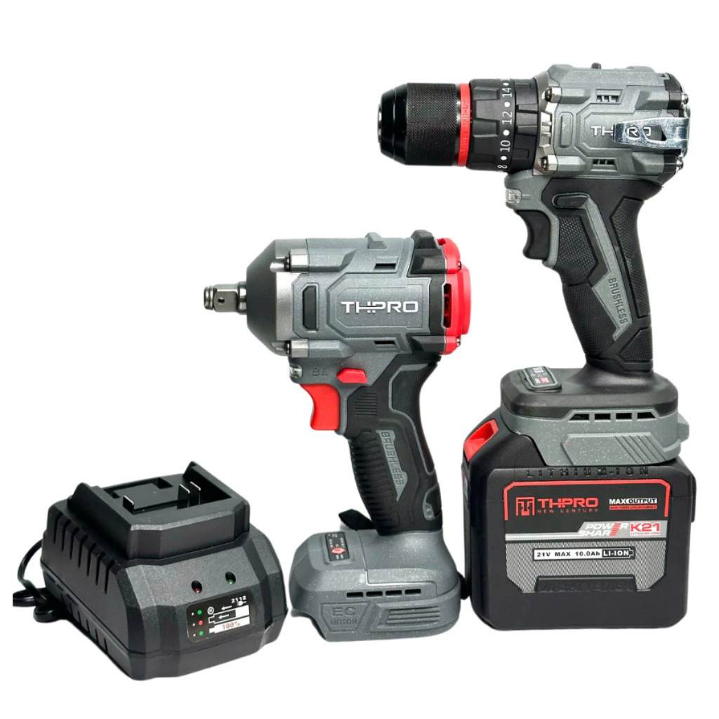 Combo Máy Khoan THPRO TH7721AK, Siết Bulong TH6360AK 1Pin 20Cell Sạc - Động Cơ Không Chổi Than, Chân Pin Phổ Thông