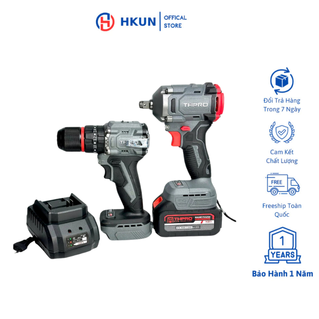 Combo Máy Khoan THPRO TH7721AK, Siết Bulong TH6360AK 1Pin 10Cell Sạc - Động Cơ Không Chổi Than, Chân Pin Phổ Thông