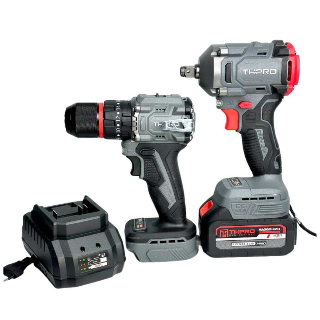 Combo Máy Khoan THPRO TH7721AK, Siết Bulong TH6360AK 1Pin 10Cell Sạc - Động Cơ Không Chổi Than, Chân Pin Phổ Thông