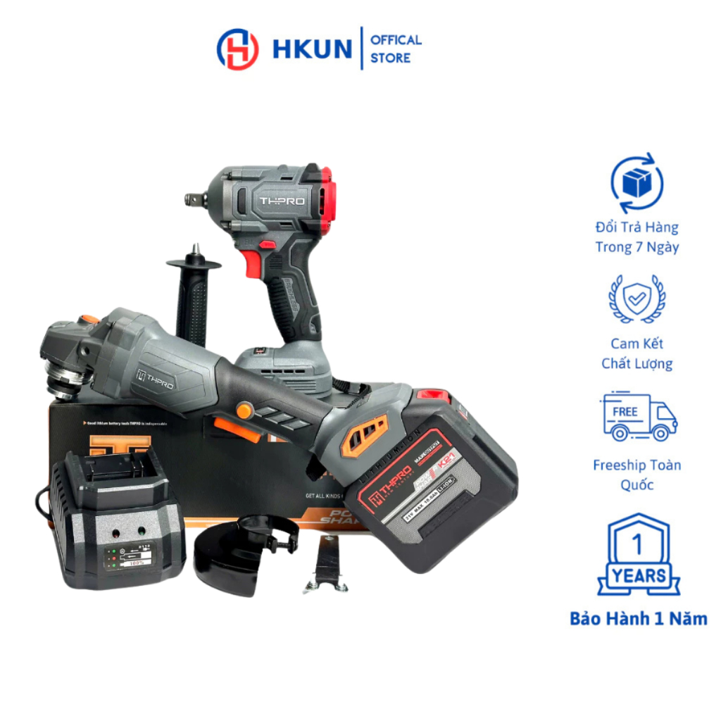 Combo Máy Mài THPRO F1, Siết Bulong TH6360AK 1Pin 20Cell Sạc - Động Cơ Lõi Đồng, Chân Pin Phổ Thông