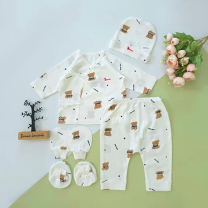 Bộ sơ sinh cột dây kèm mũ vớ Bunnybaby chất thun cottom mềm mịn cho bé 3-5kg