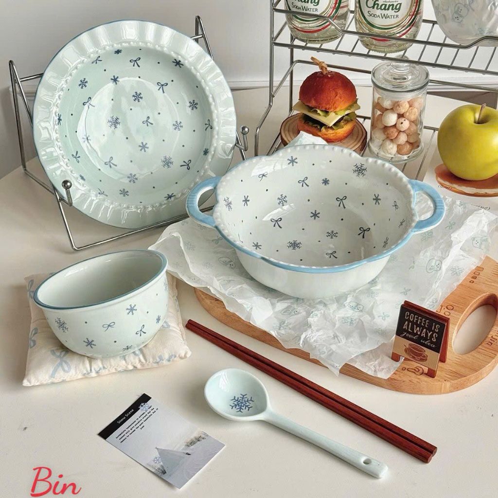 set 3 món quai tuyết xanh tặng kèm đũa decor bếp siêu xinh
