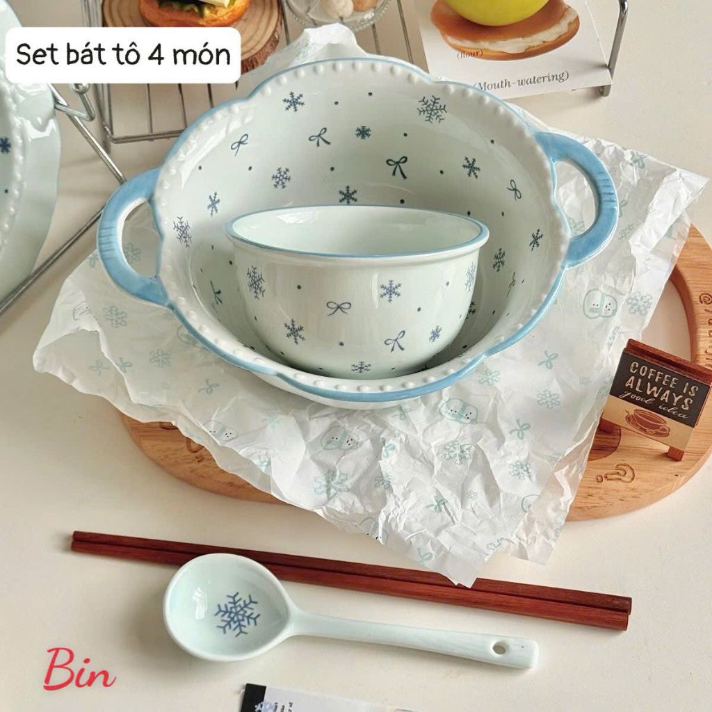 set 3 món quai tuyết xanh tặng kèm đũa decor bếp siêu xinh