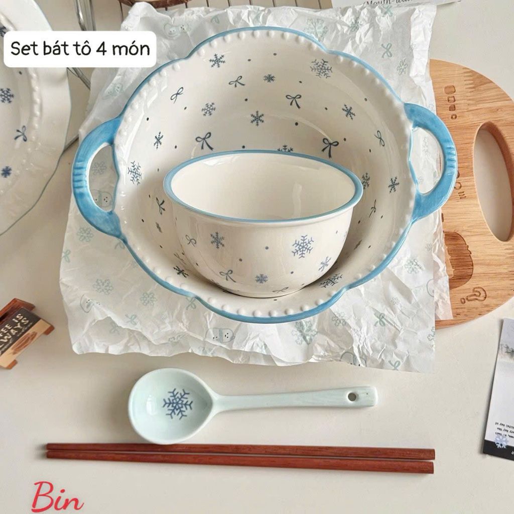 set 3 món quai tuyết xanh tặng kèm đũa decor bếp siêu xinh