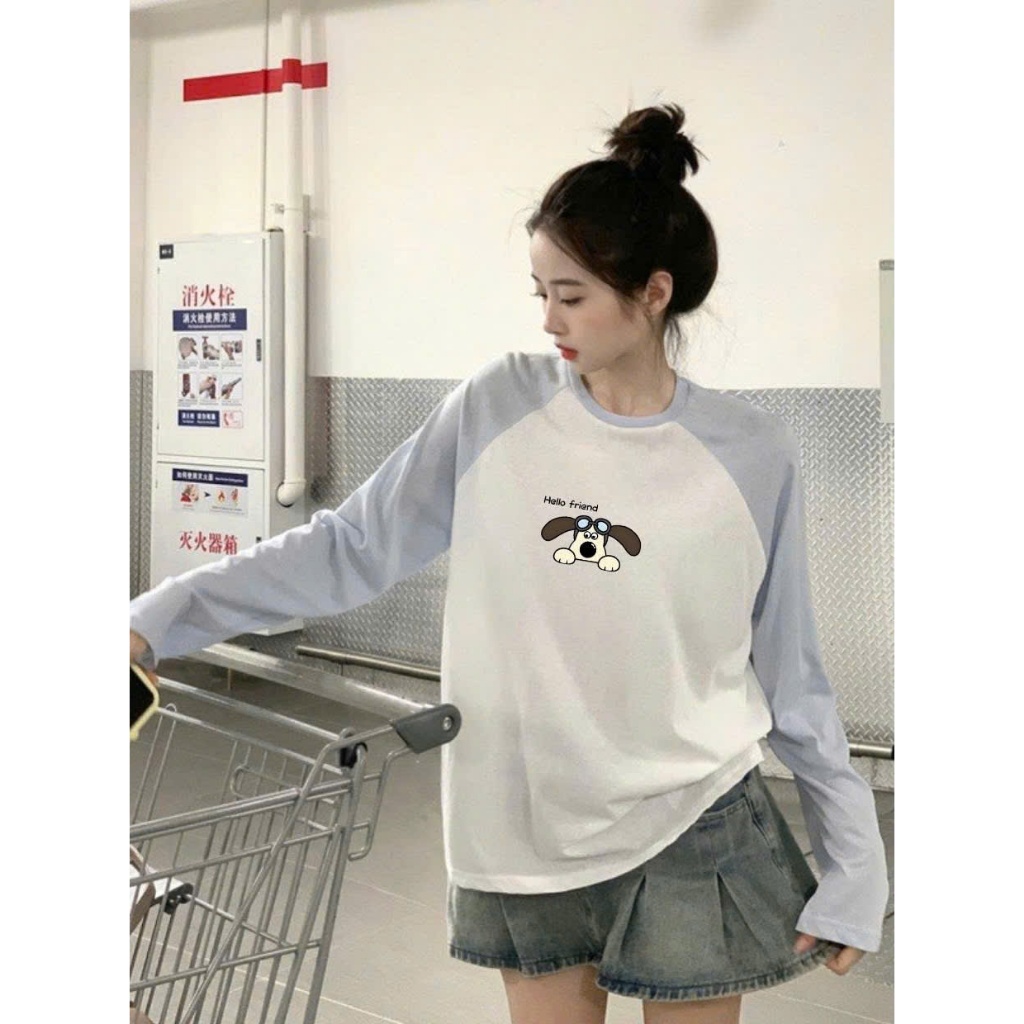 Áo thun nữ dài tay phối màu JULY FASHION, Áo thun nữ tay phối dáng rộng in hình, Chất thun xượt mỏng nhẹ mềm mát