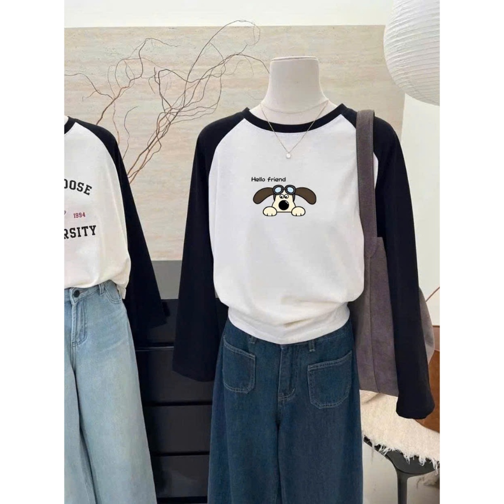 Áo thun nữ dài tay phối màu JULY FASHION, Áo thun nữ tay phối dáng rộng in hình, Chất thun xượt mỏng nhẹ mềm mát