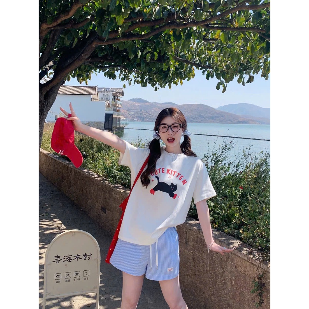 Sét bộ quần đùi sọc Linen Áo thun ngắn tay in hình JULY FASHION, Sét bộ đi chơi siêu xinh, Chất thun Cotton dày dặn mát