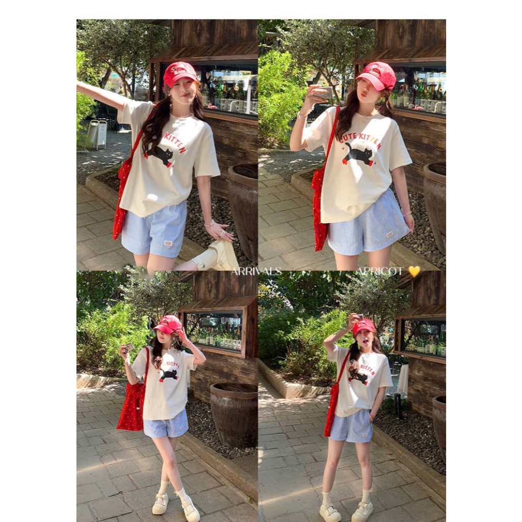 Sét bộ quần đùi sọc Linen Áo thun ngắn tay in hình JULY FASHION, Sét bộ đi chơi siêu xinh, Chất thun Cotton dày dặn mát