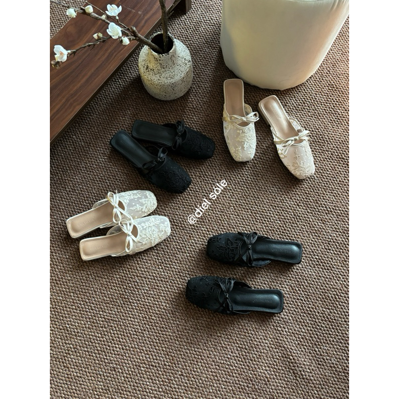 [Sẵn] Giày Sục Ballet Nữ Lưới Hoa Đính Nơ Điệu Chất Da Lưới Mềm Phong Cách Mùa Hè 2025 Hàng QCCC