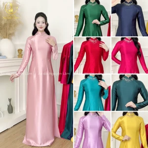 Áo Dài Lụa Ruby Họa Tiết Đính Đá Thủ Công Cổ Lấp Lánh - Áo Dài Cao Cấp Trẻ Trung, Quý Phái