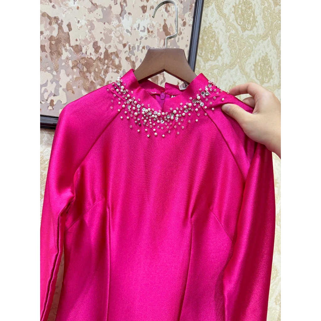 [GIẢM 40K] Áo Dài Lụa Ruby Họa Tiết Đính Đá Thủ Công Cổ Lấp Lánh - Áo Dài Cao Cấp Trẻ Trung, Quý Phái